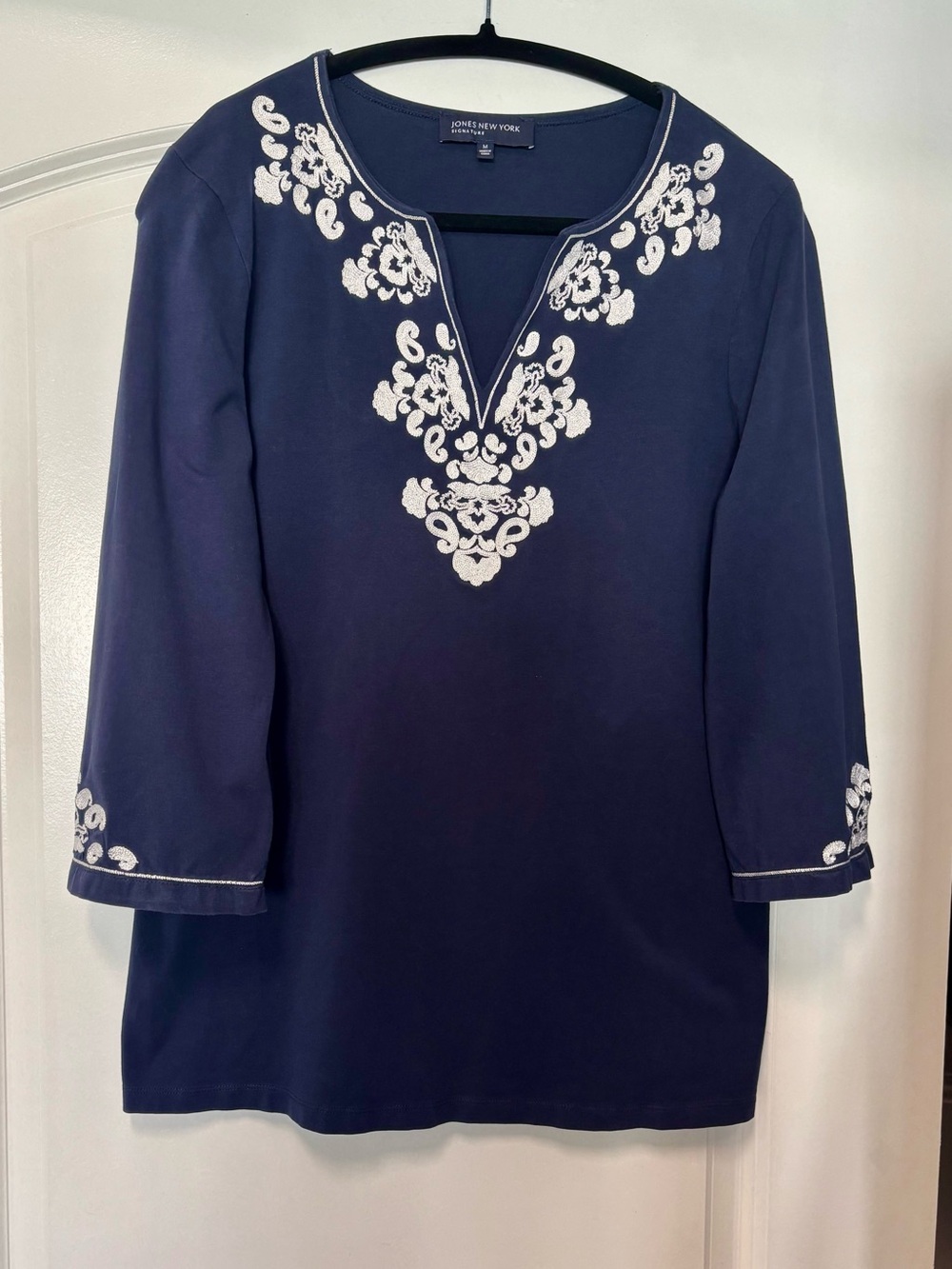 Jones New York Navy Tunic with White Embroidery